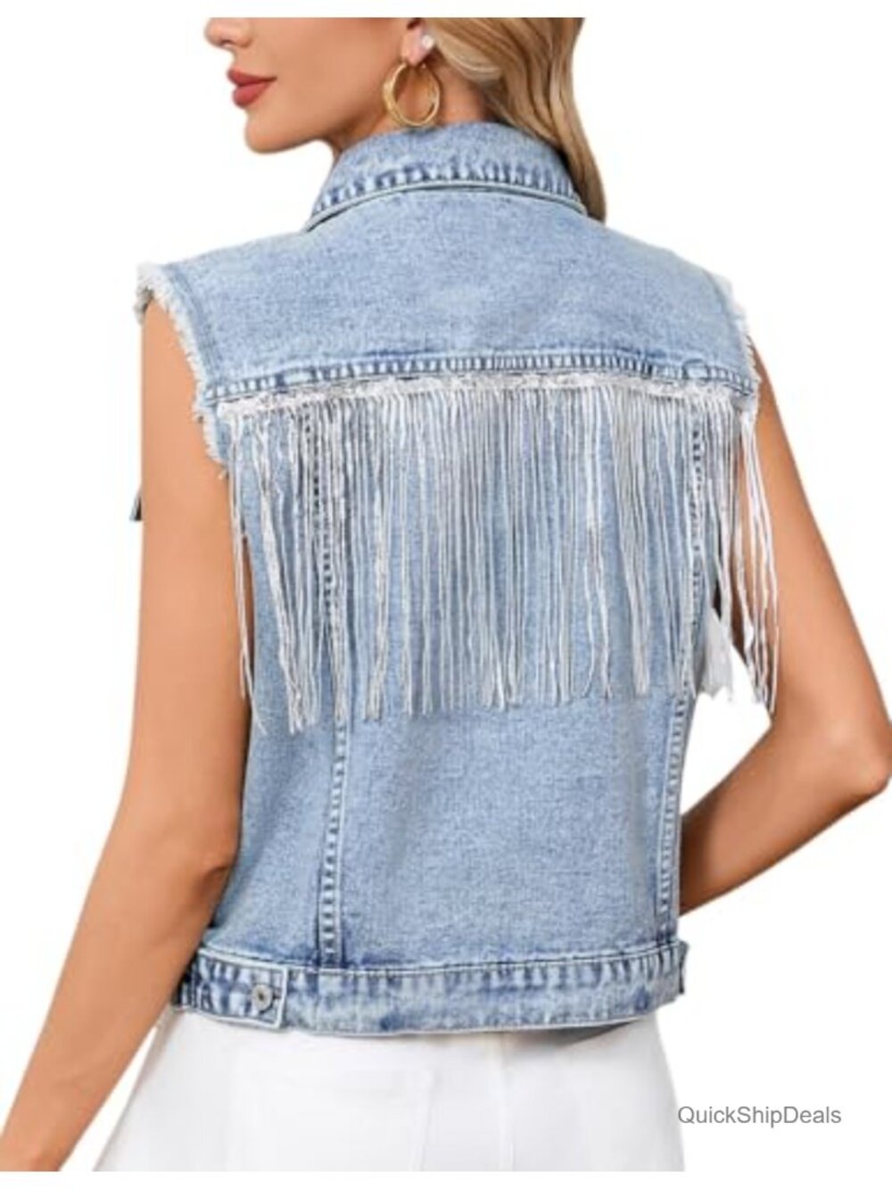 Womens Denim Vest Sleeveless Button Down Fringe Western Jean Waistcoat